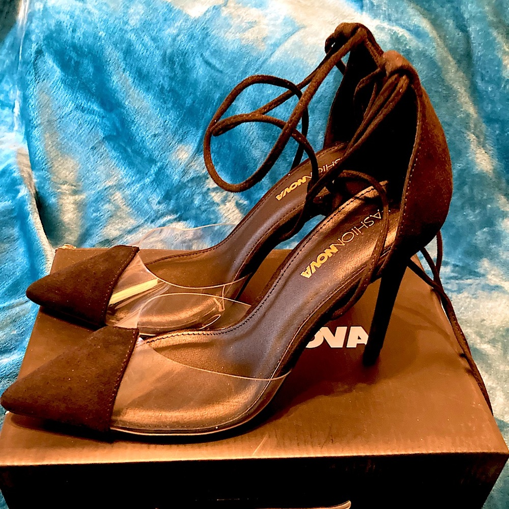 Fashion Nova clear & black suede string ankle tie heels. Size 10.